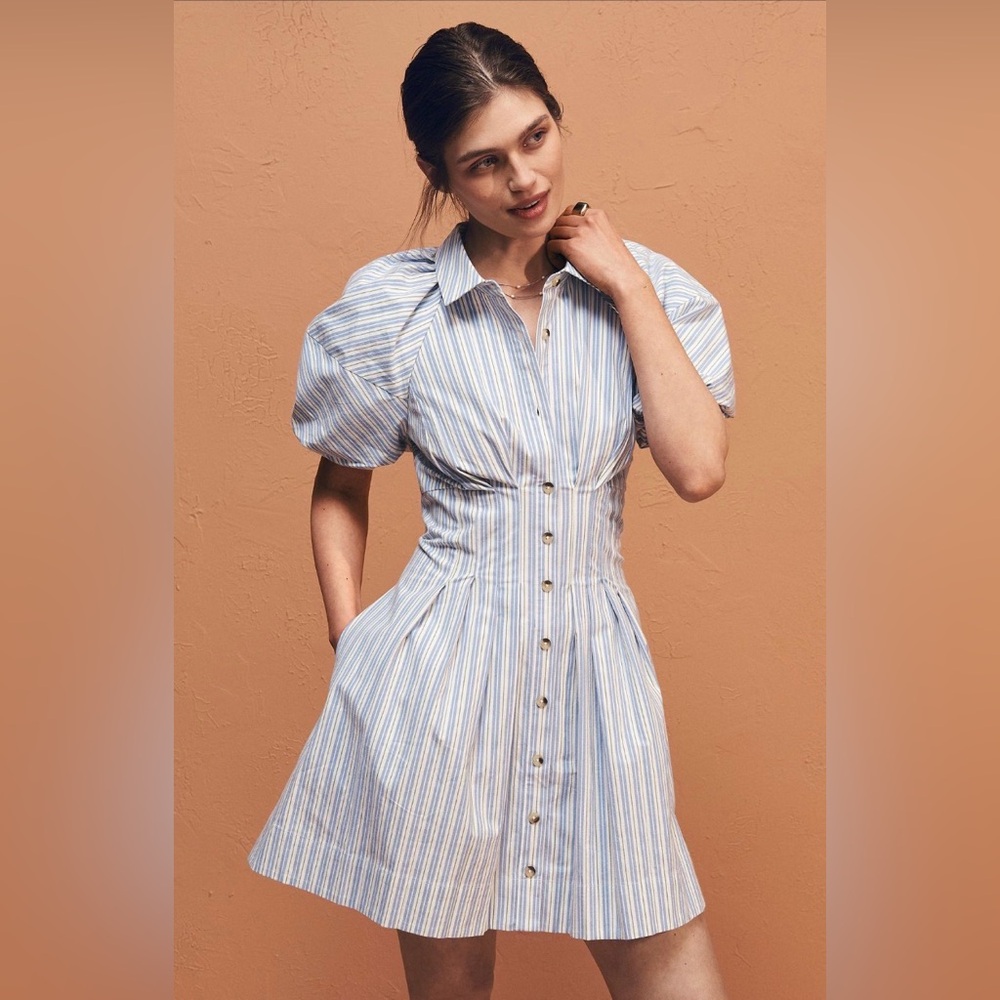 ✨ Anthropologie Puff-Sleeve Mini Shirt Dress Sz L - Picture 1 of 11